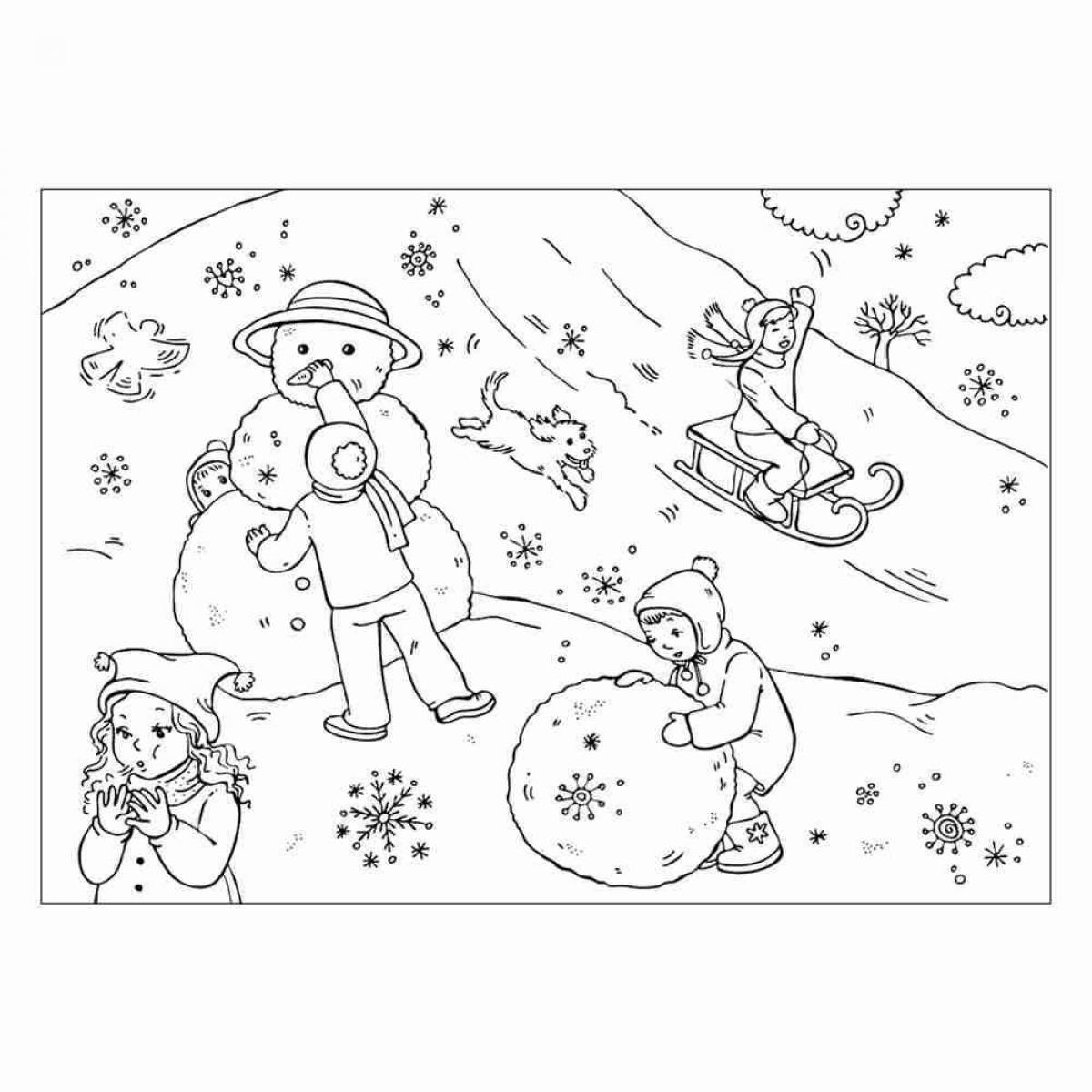 Playful winter games coloring page