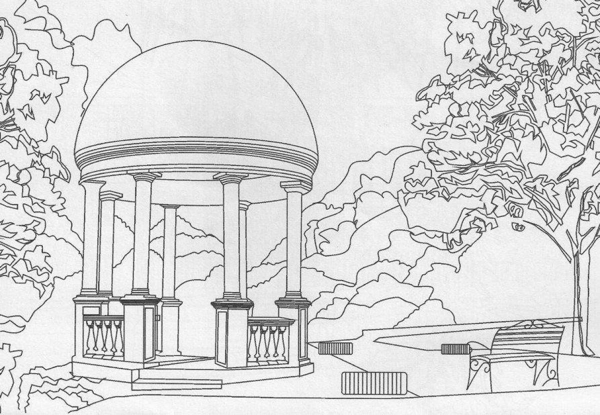 Природа и архитектура рисунок 7. Ротонда Екатерининский парк. Раскраска "город". Архитектура парка рисунок. Парк раскраска для детей.
