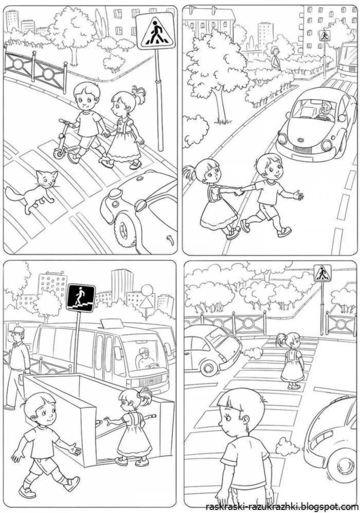 Яркая раскраска правила дорожного движения для школьников