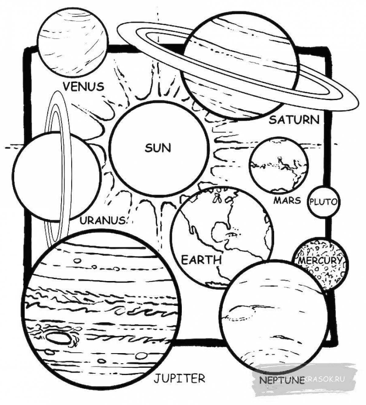 Coloring book for children with bright solar system