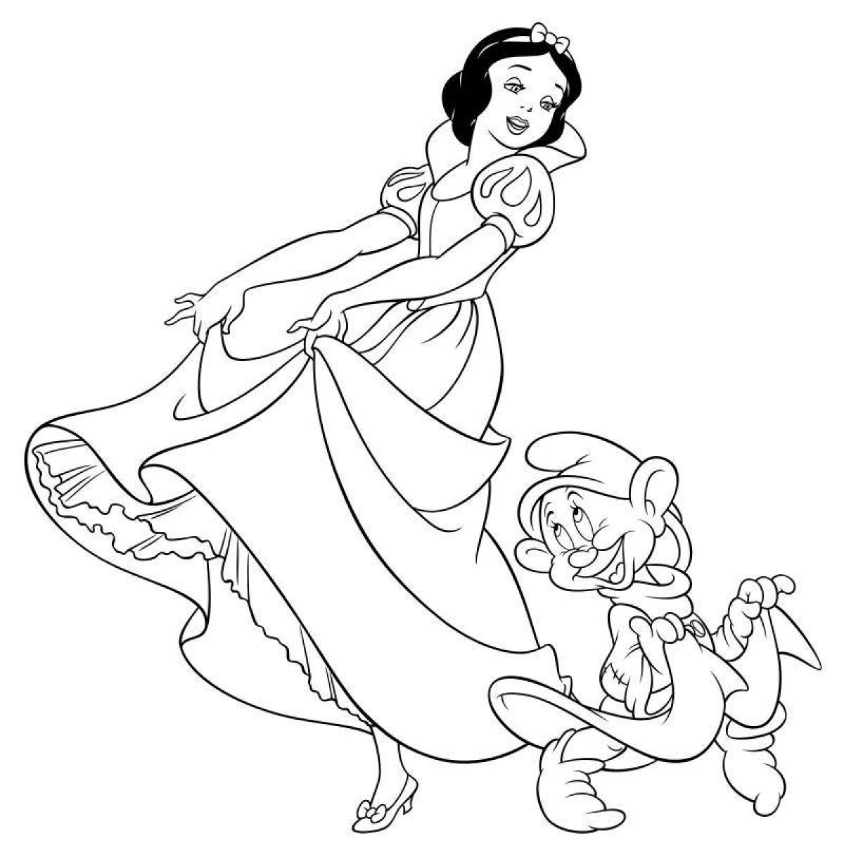 Coloring page joyful snow white and 7 dwarfs