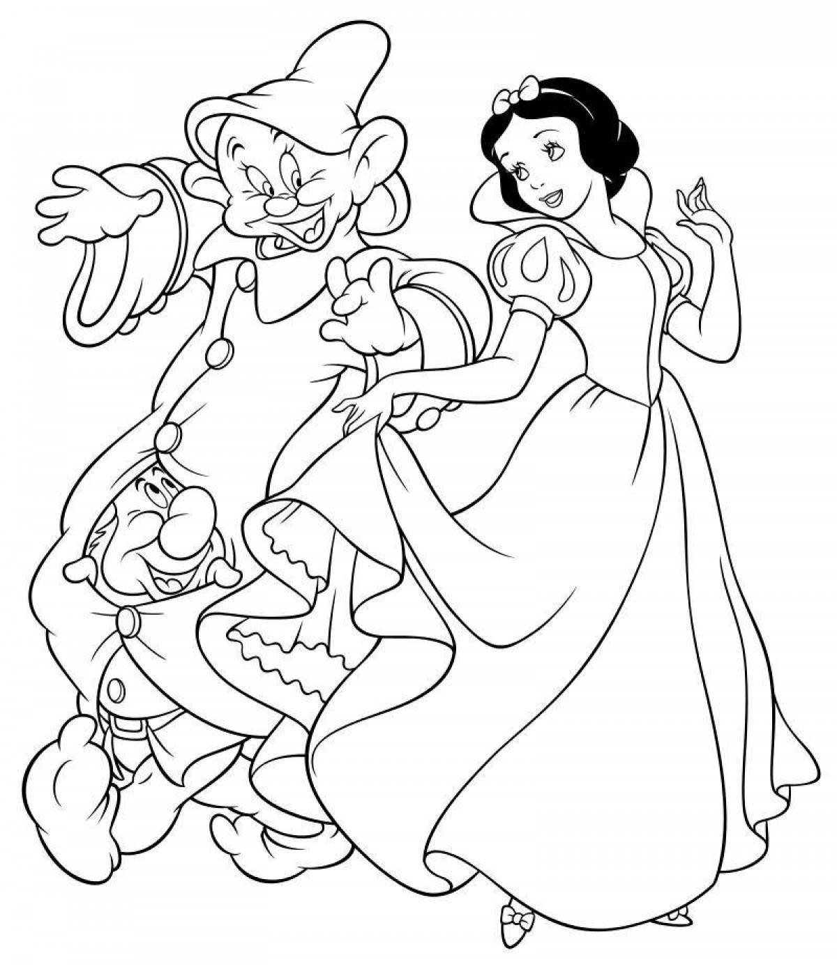 Coloring page charming snow white and 7 dwarfs