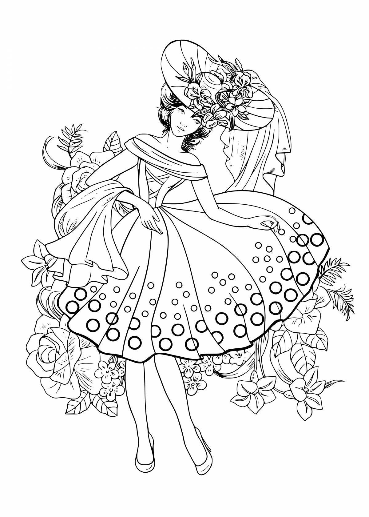 Amazing coloring book of a girl in a dress