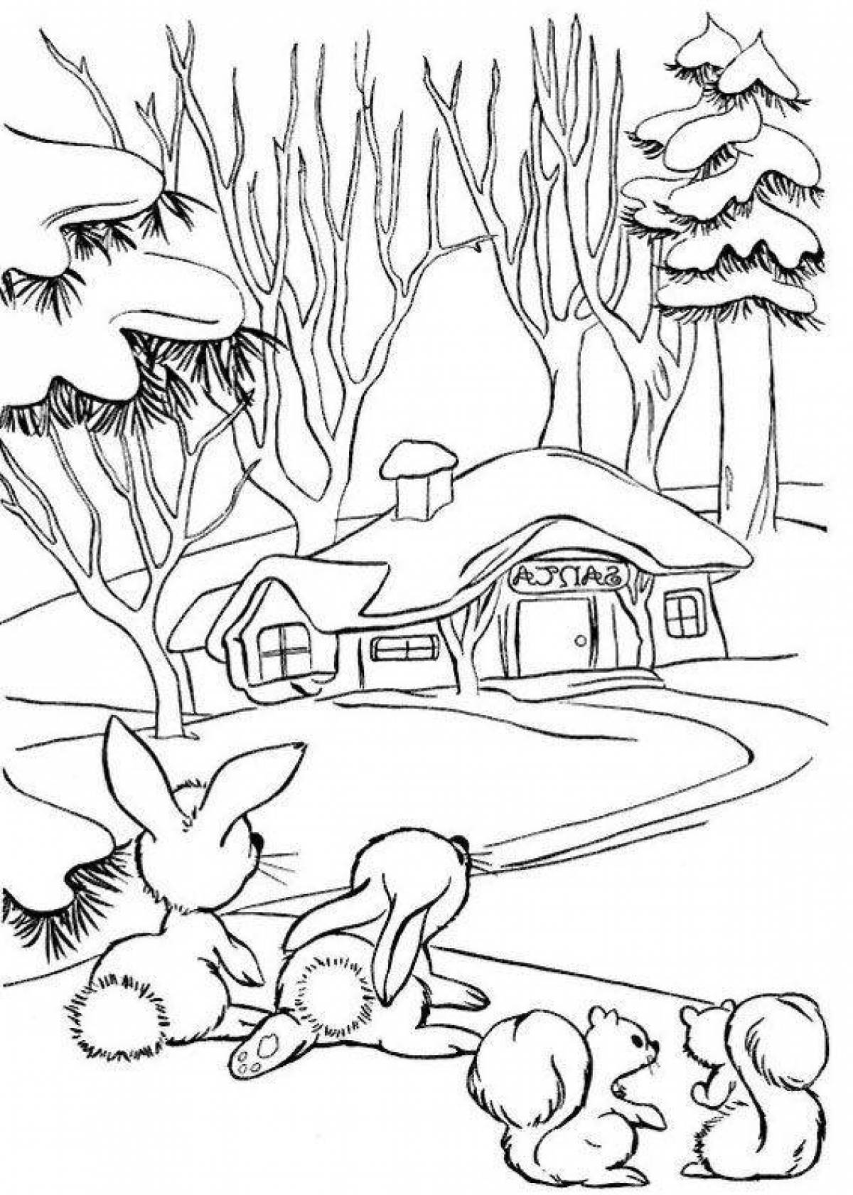 Flawless winter in the forest coloring book