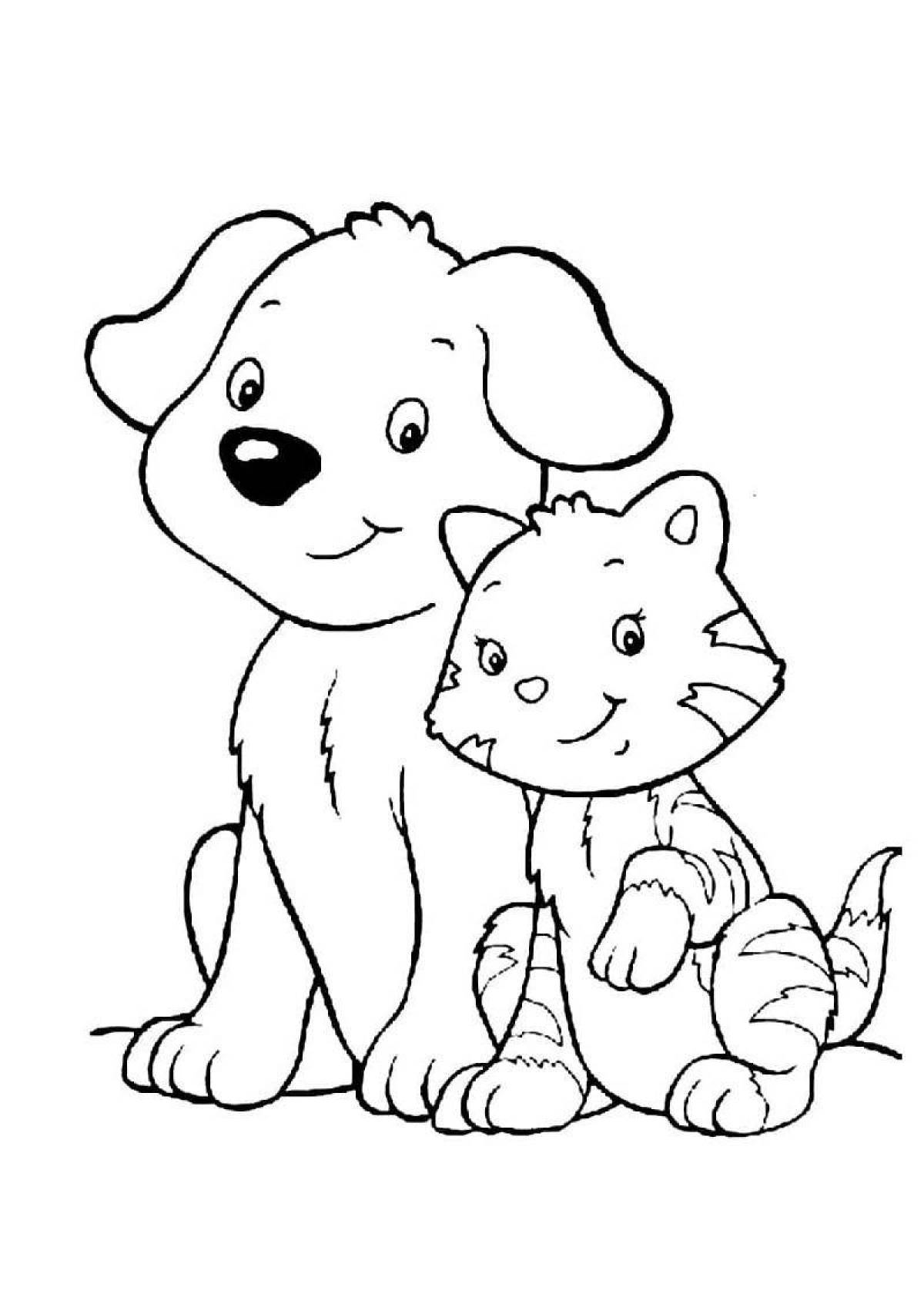 Coloring page playful cat and dog