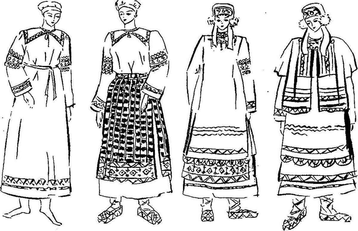 Раскраска изысканный женский русский народный костюм
