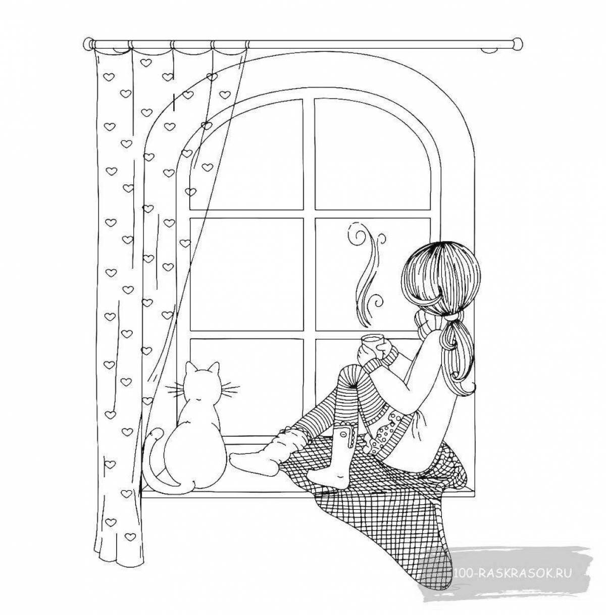 Playful window coloring page for kids
