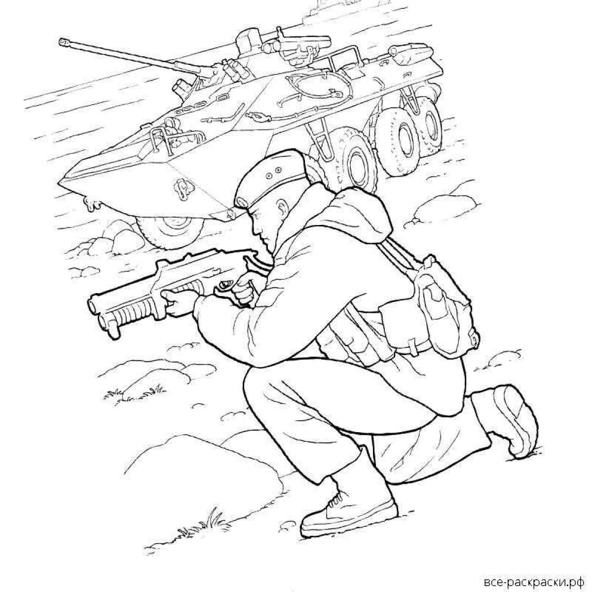 Bold coloring drawing of a soldier from a schoolboy