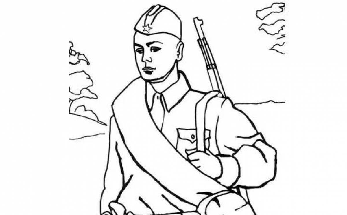 Animated coloring drawing of a soldier from a schoolboy