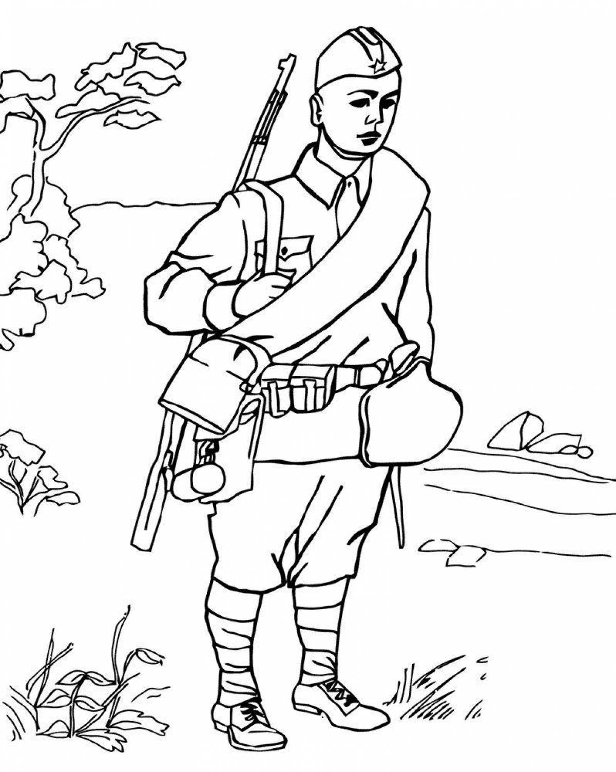Witty coloring drawing of a soldier from a schoolboy