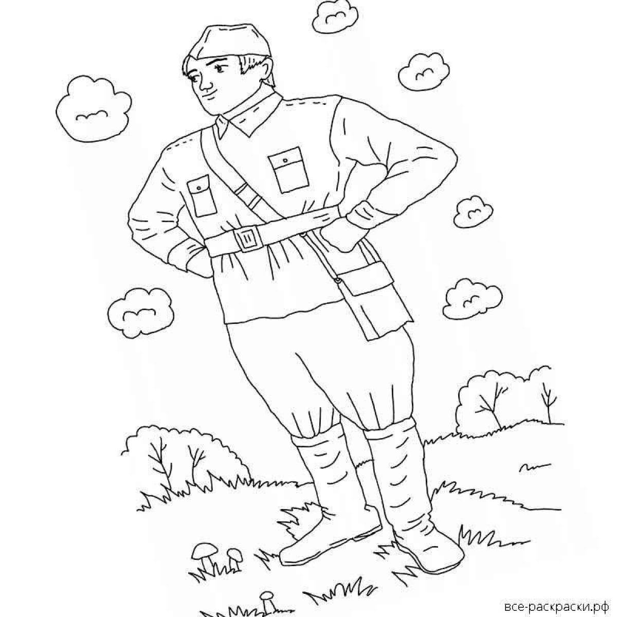 Friendly coloring drawing of a soldier from a schoolboy