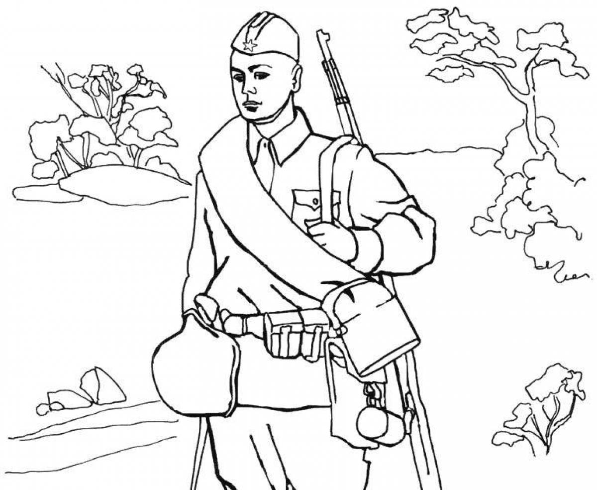 Affectionate coloring drawing of a soldier from a schoolboy