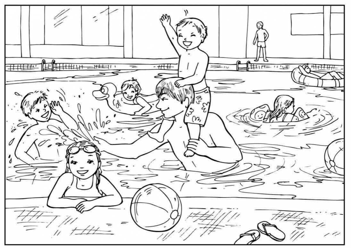 Playful swimming pool coloring page