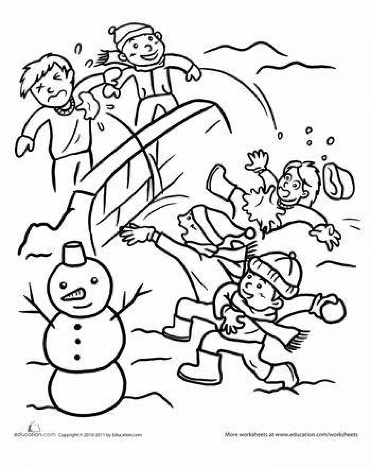 Игра в снежки раскраска для детей