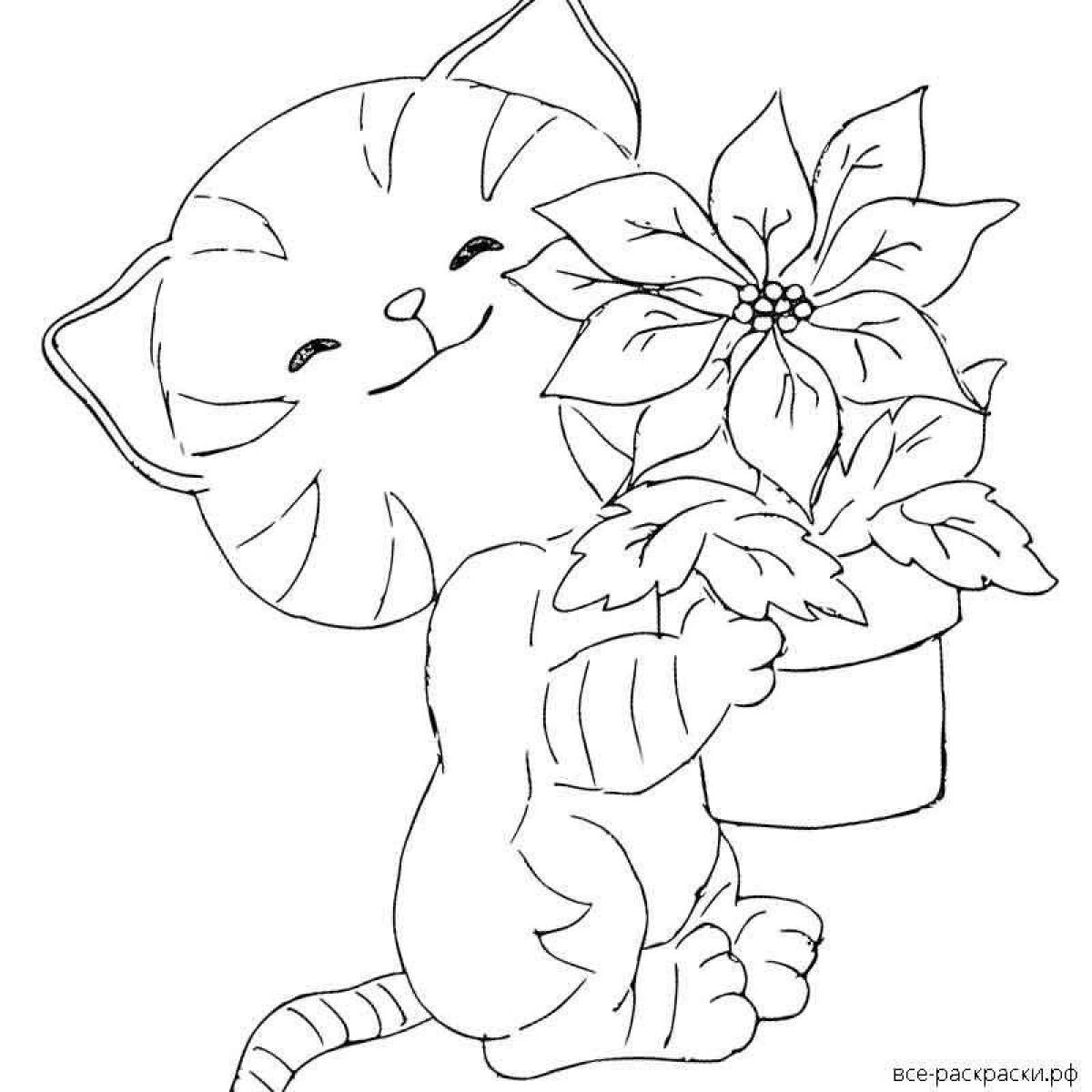 Котик с цветком раскраска