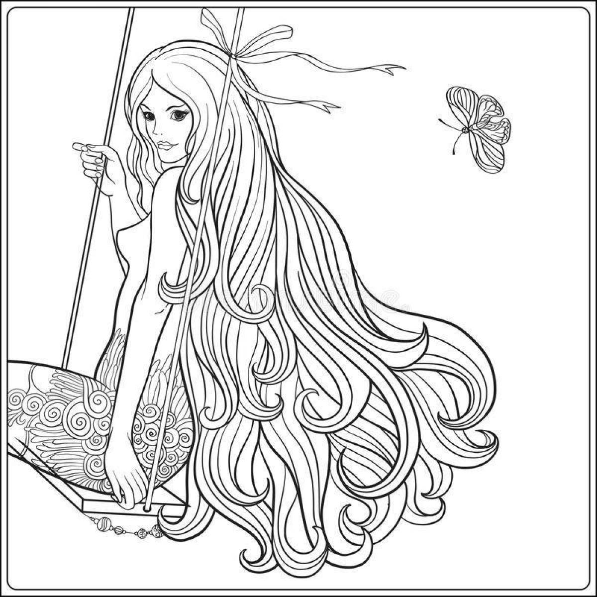 Радостная раскраска девочки с длинными волосами