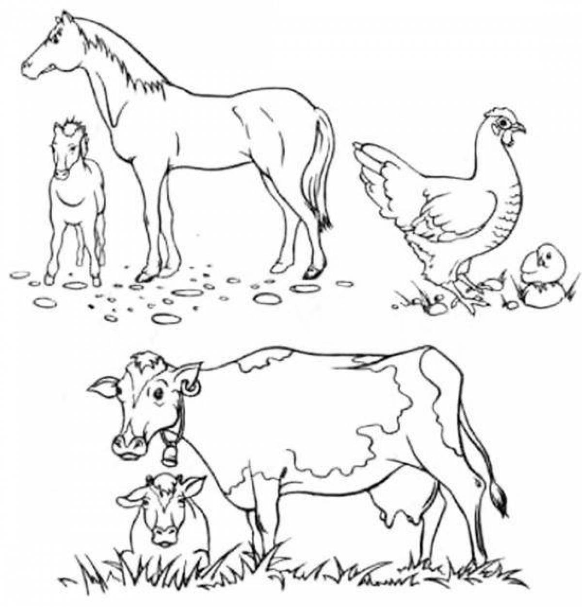 Adorable coloring book pets and their children