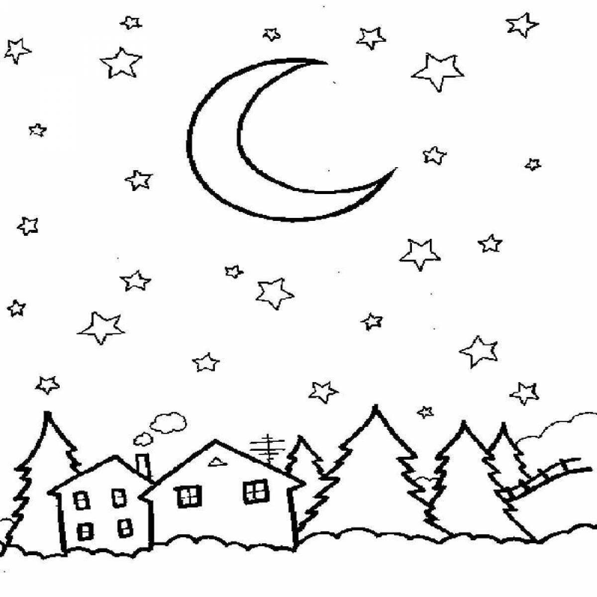 Дом на луне рисунок детский окружающий мир. Раскраска ночь. Раскраска звездное небо. Раскраска небо. Ночь раскраска для детей.