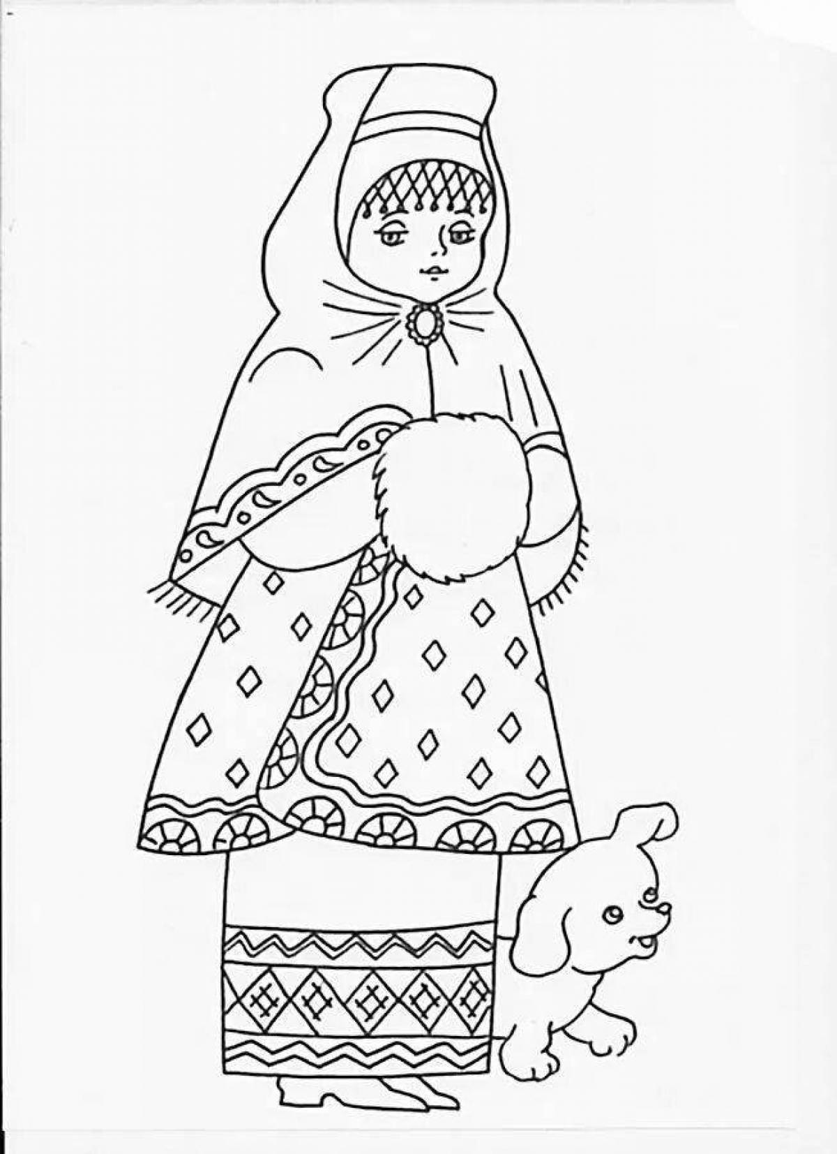 Colorful Russian folk costume coloring page for kids