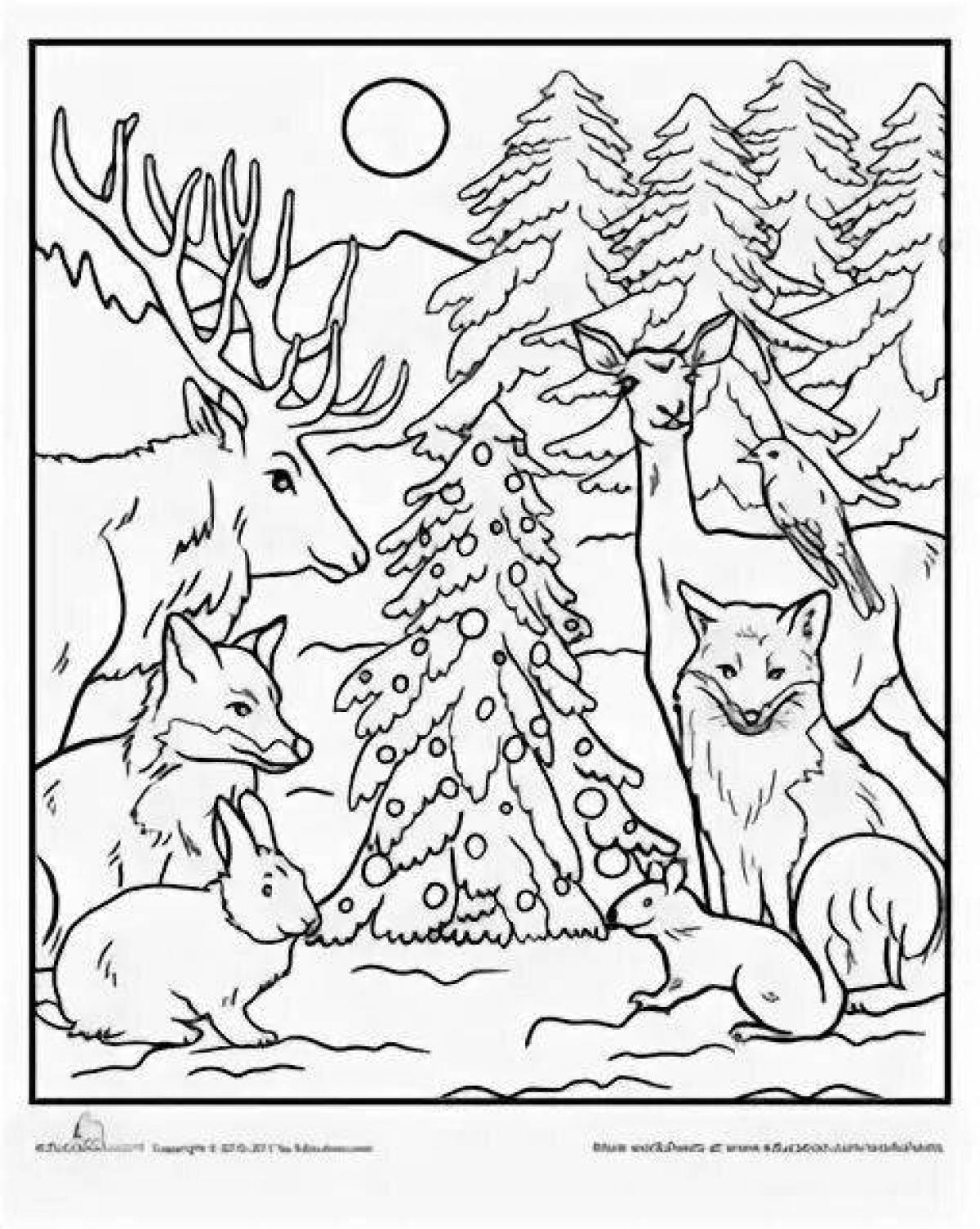 Luminous animal coloring pages in the winter forest