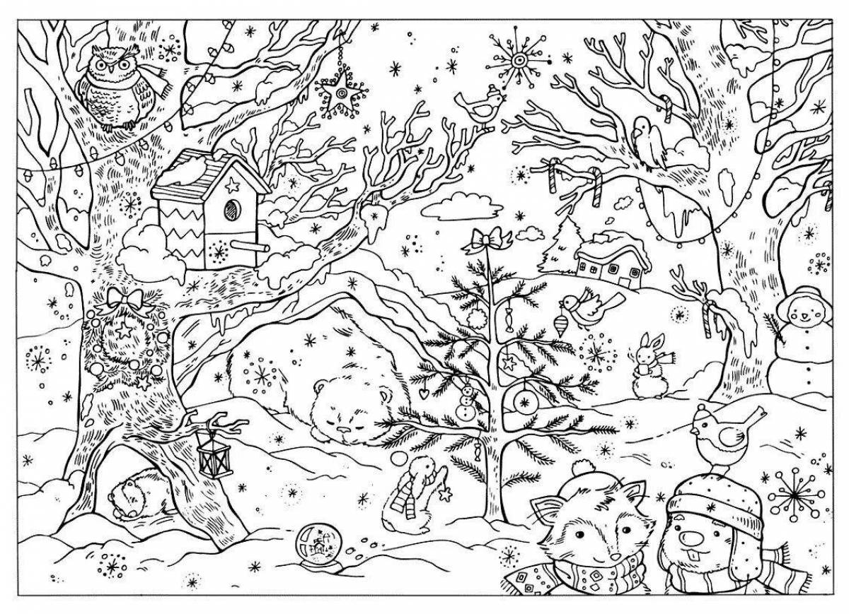 Delightful coloring pages animals in the winter forest