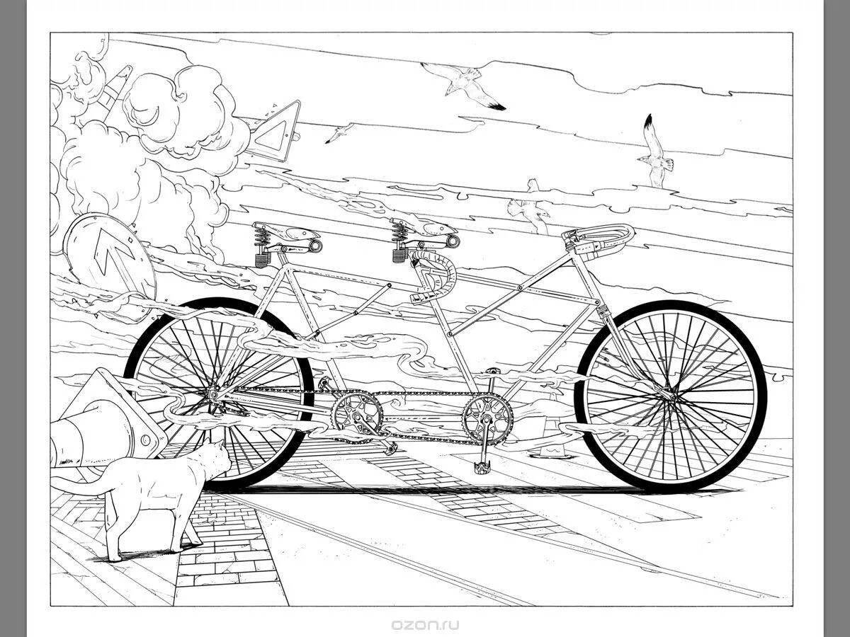 Inspirational coloring page around the world on a bike