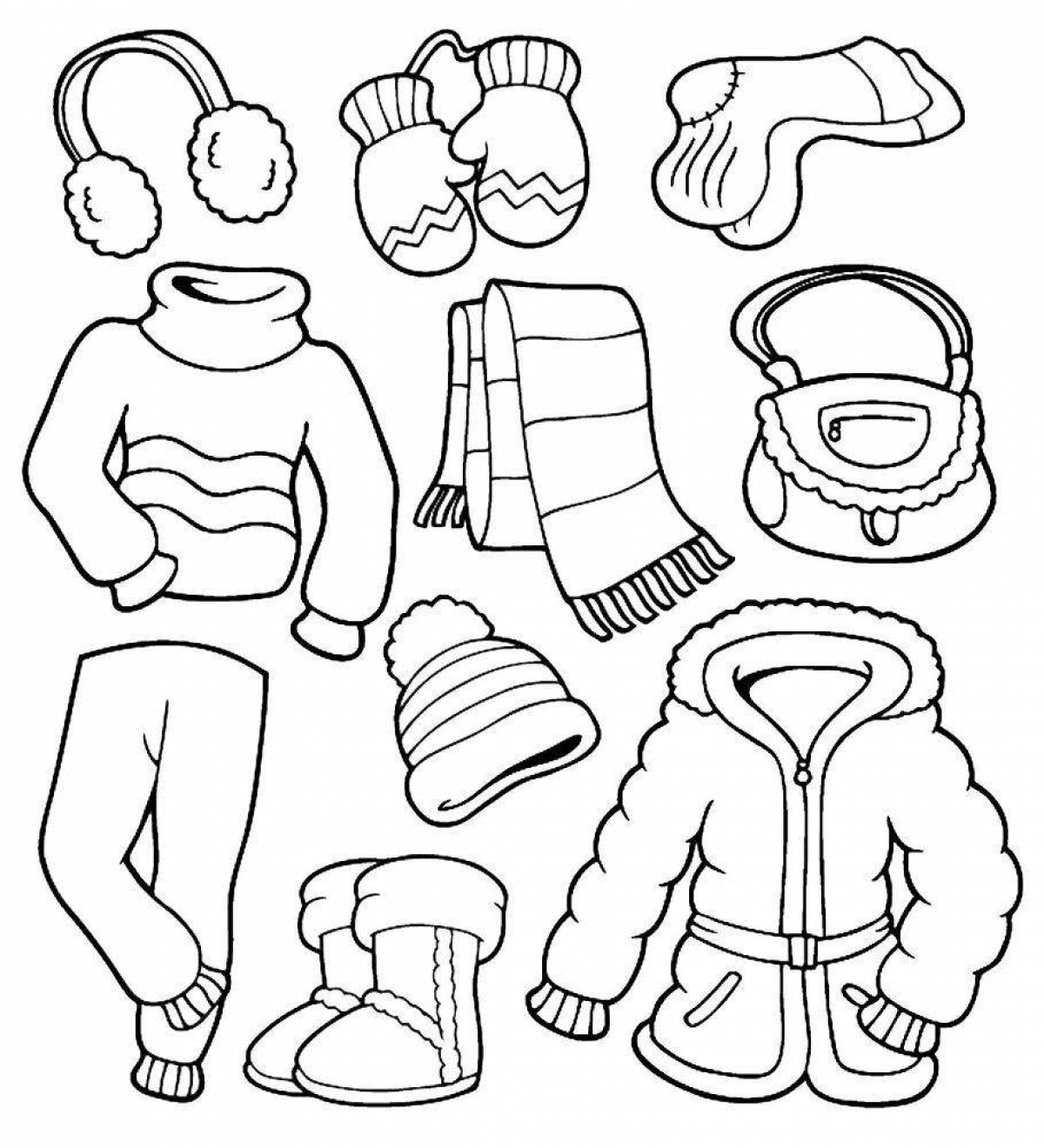 Colorful winter clothes coloring page for 4-5 year olds