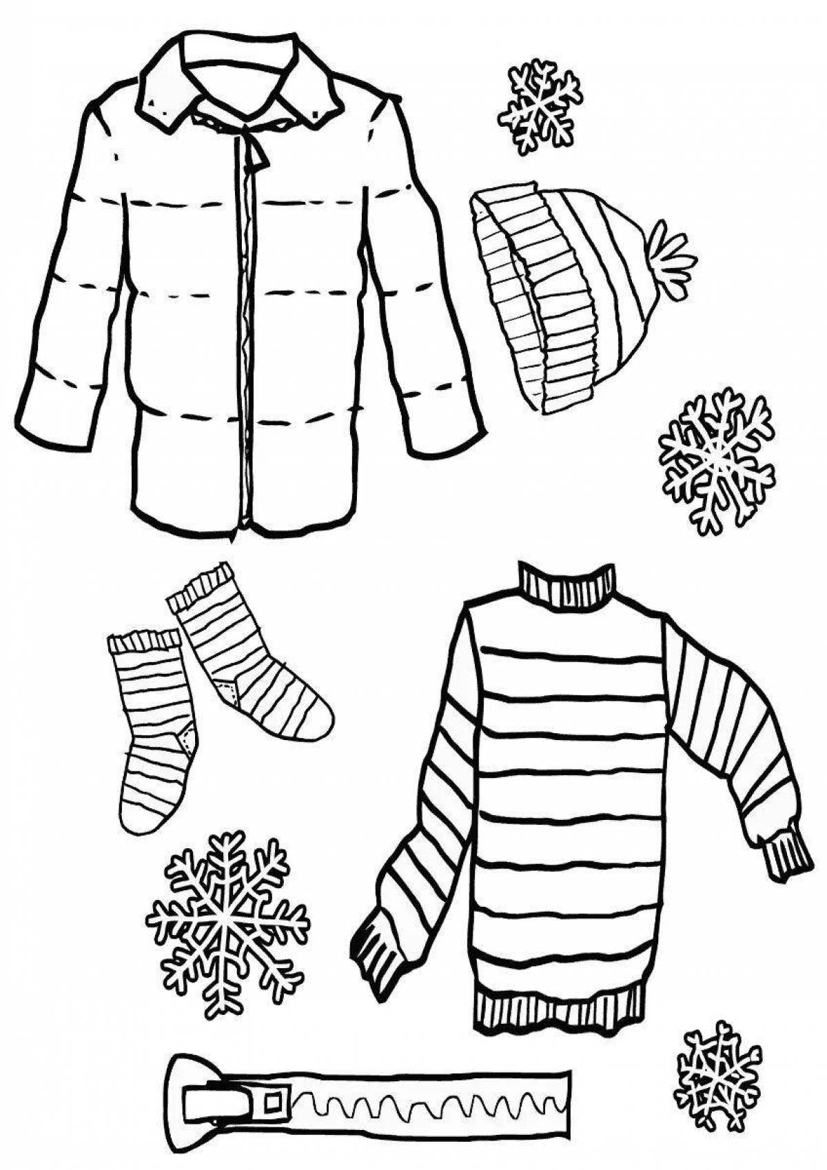 Playful winter clothes coloring page for 4-5 year olds