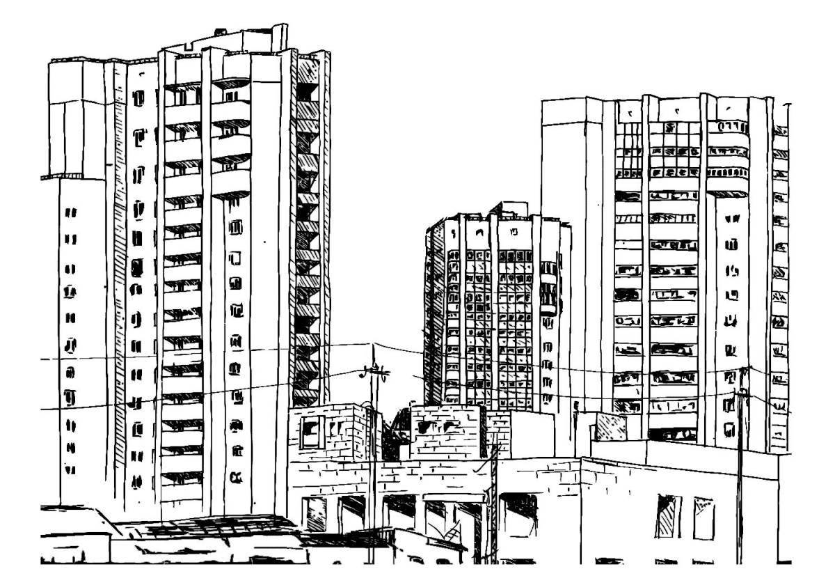 Coloring page of a trendy high-rise building