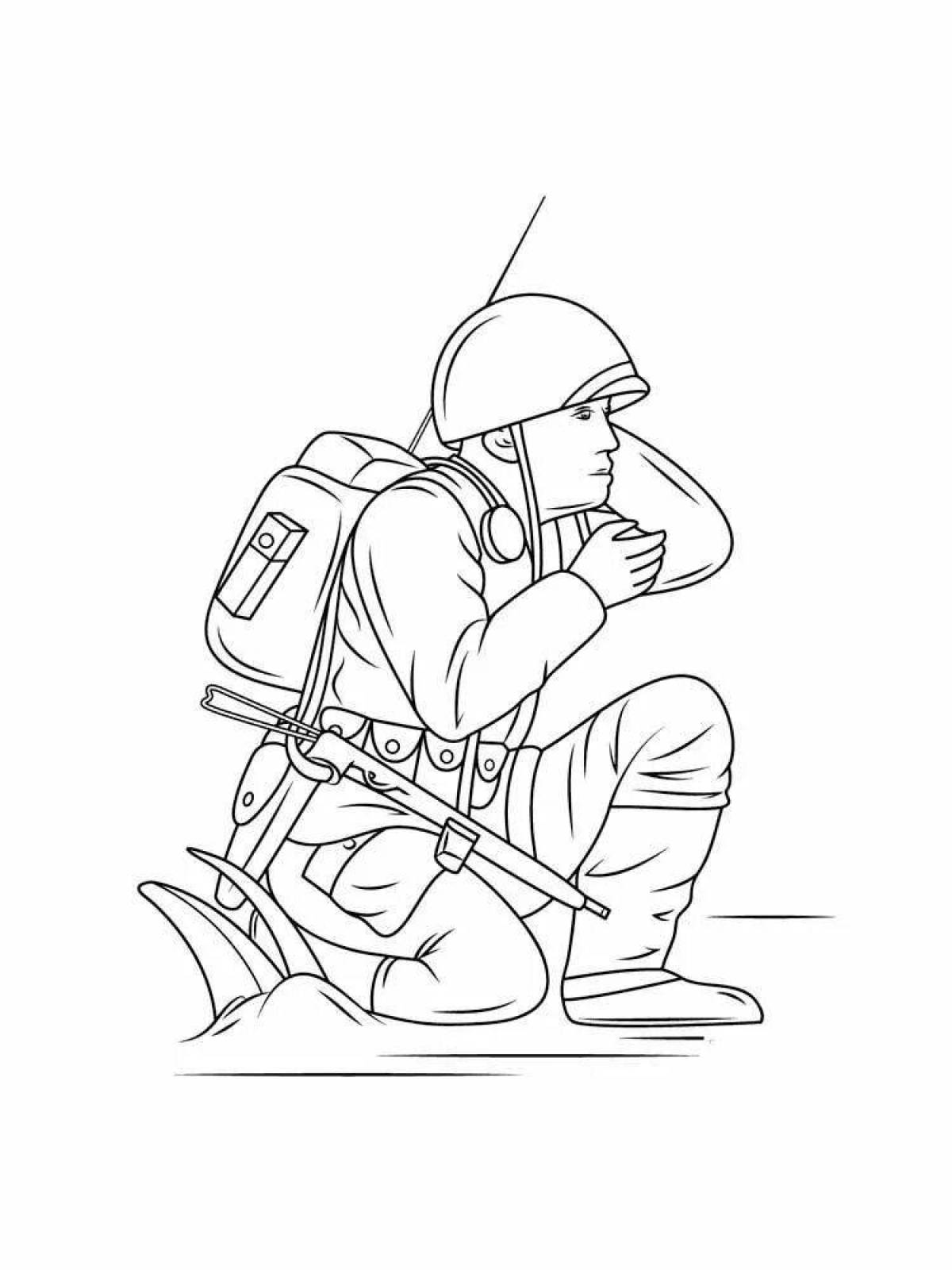 Coloring page courageous Russian soldier