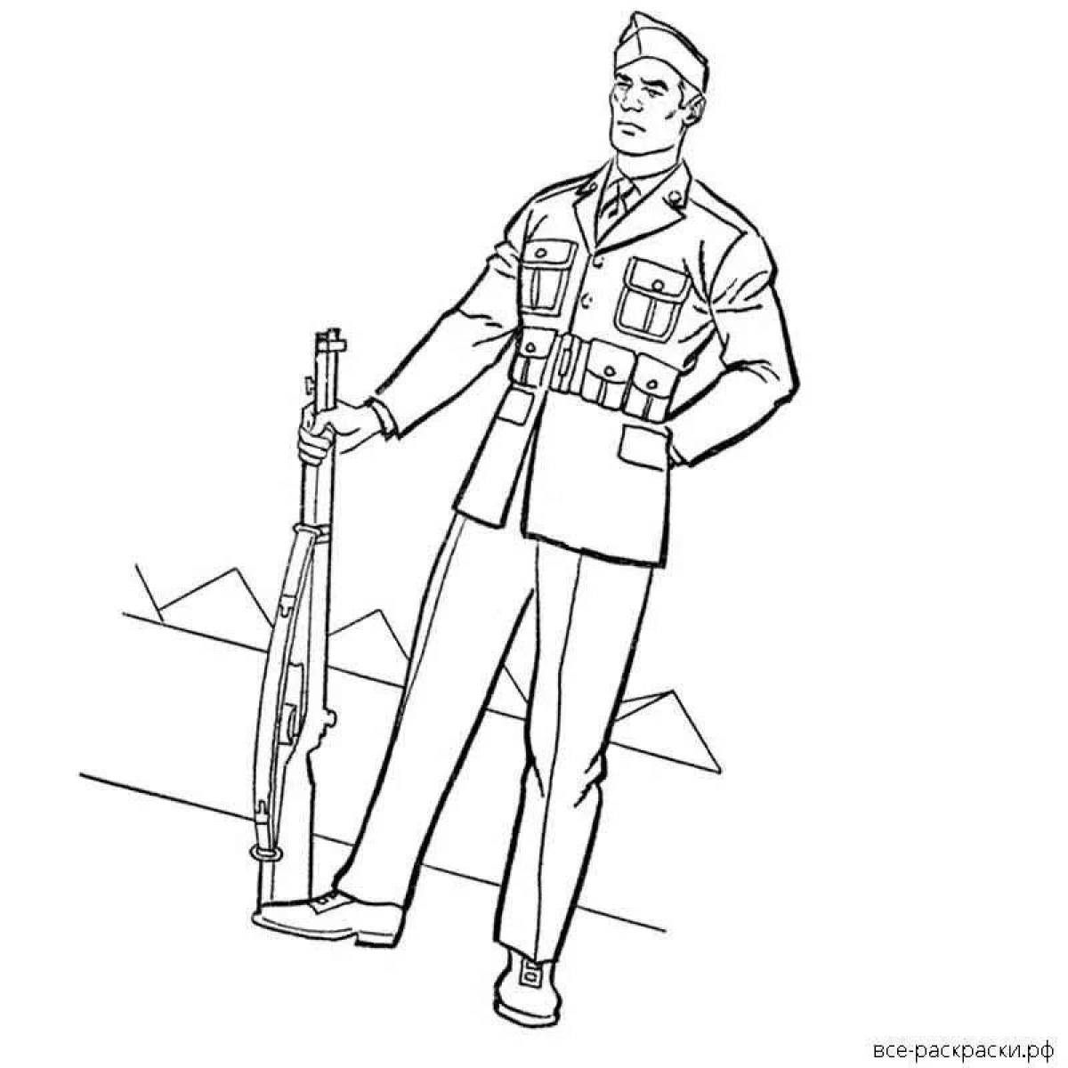 Coloring book amazingly majestic Russian soldier