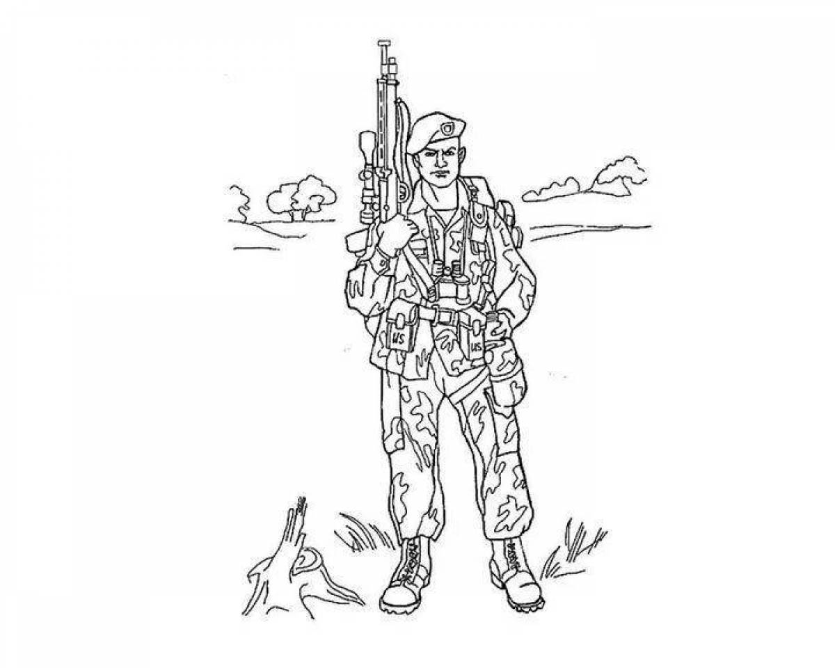 Coloring book amazingly heroic Russian soldier
