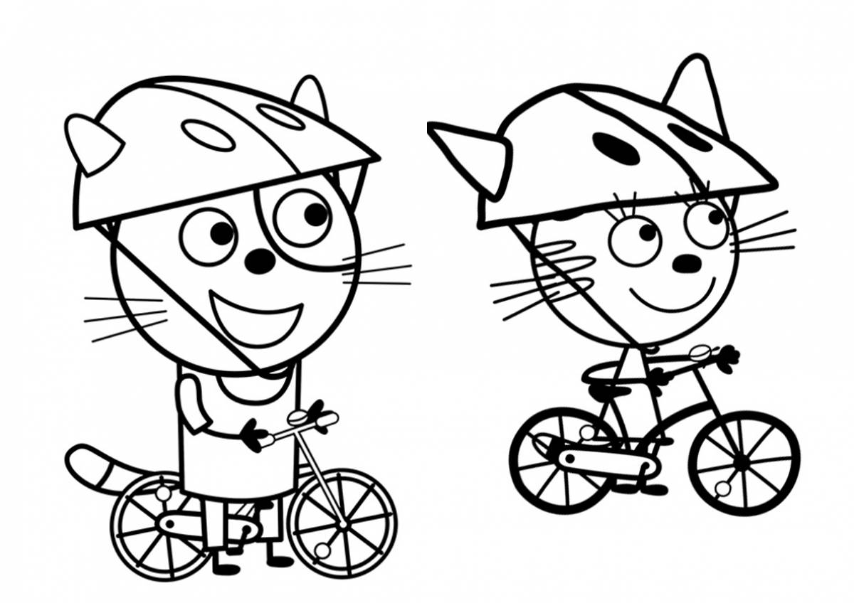 Three cats on bicycles