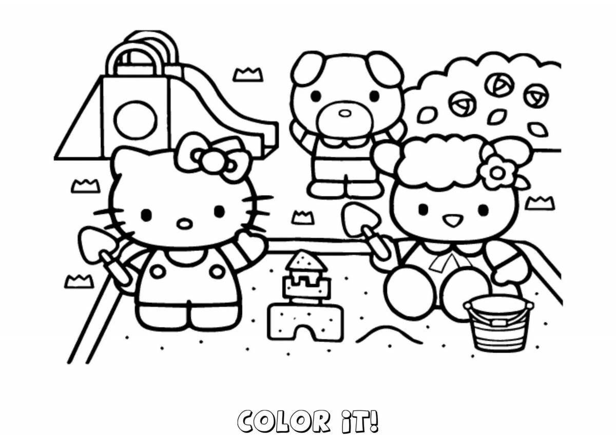Игривая страница-раскраска hello kitty и ее друзья