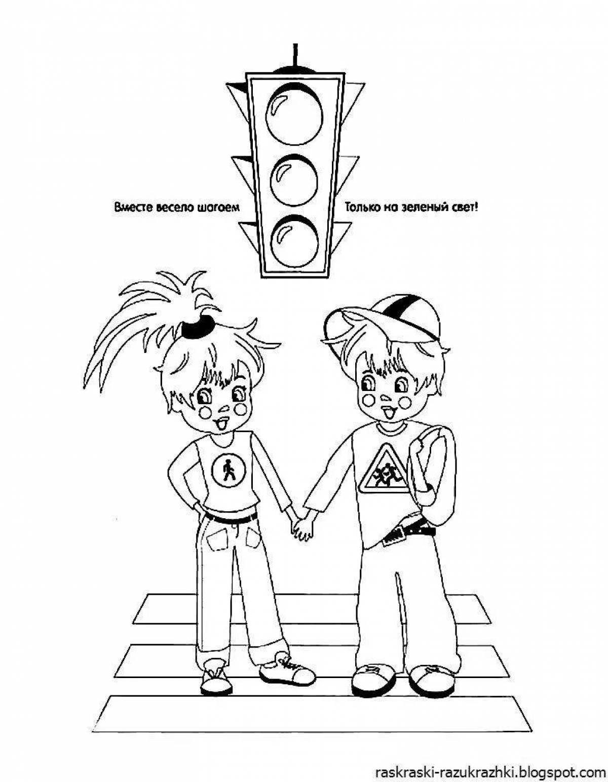 Colorful traffic light coloring page for 5-6 year olds