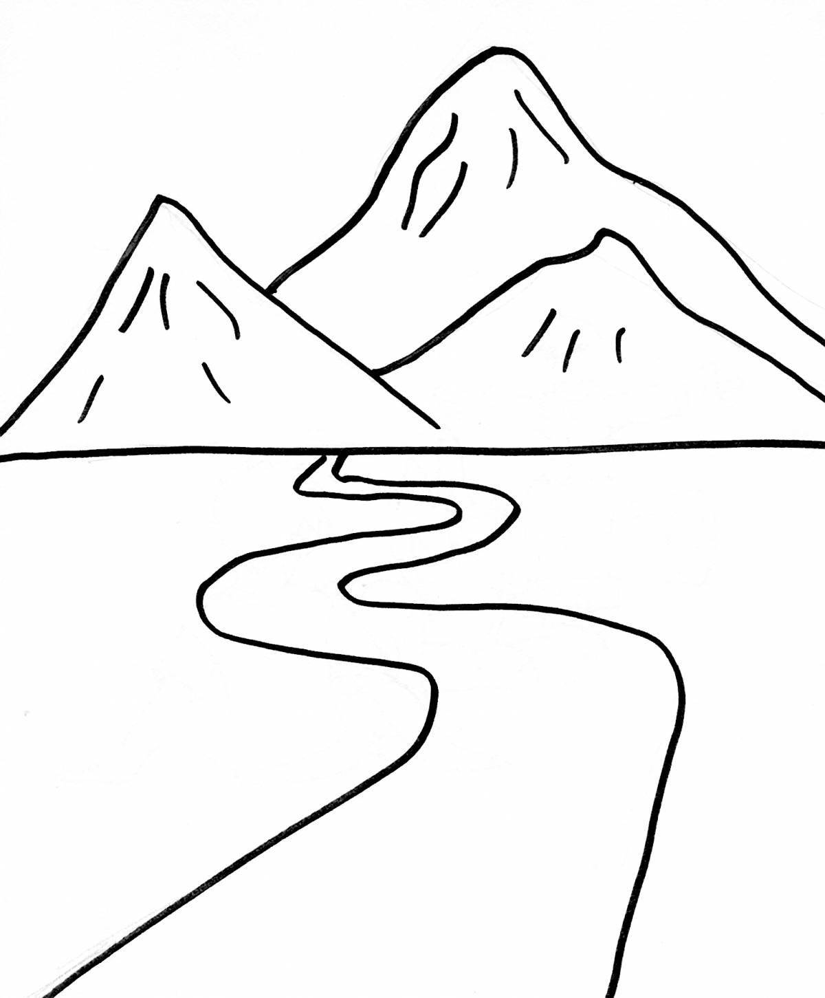 Calming mountain coloring page for kids