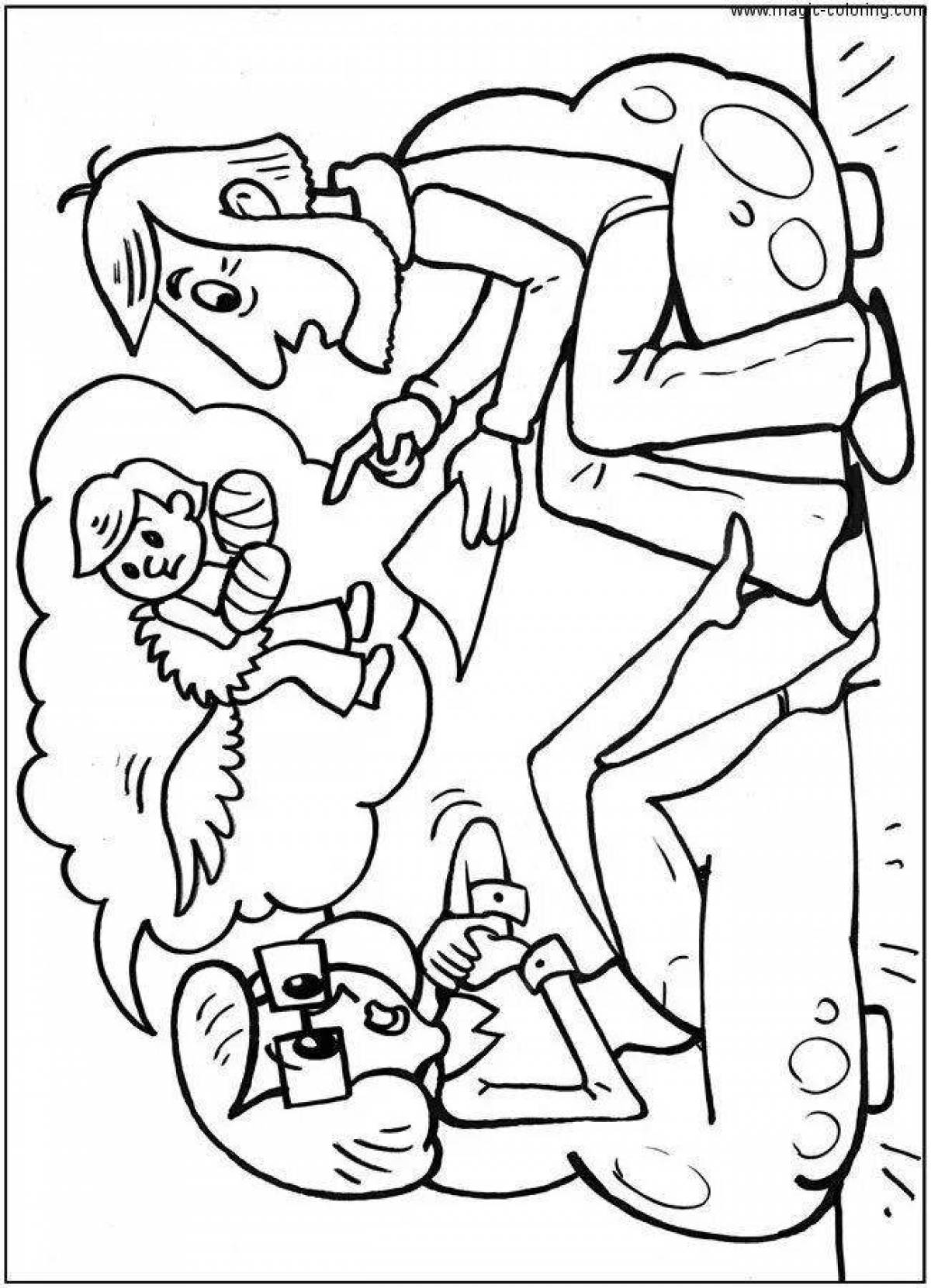 Coloring page cheerful uncle fedor with a dog and a cat