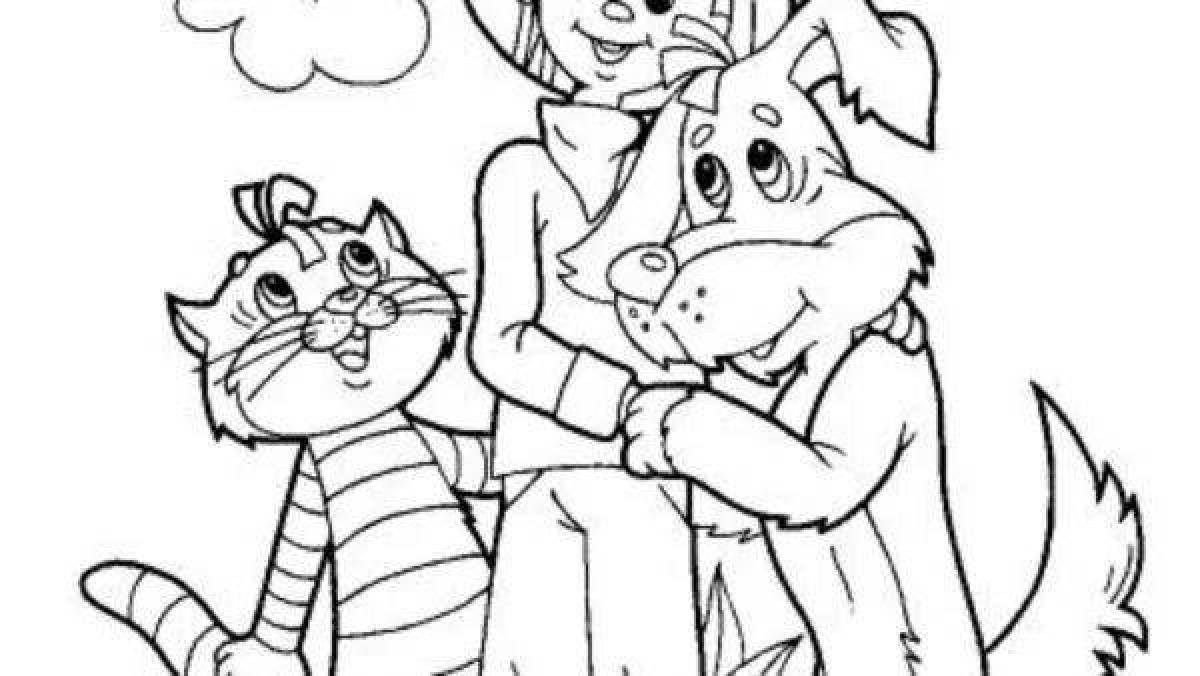 Charming uncle fyodor, dog and cat, coloring book
