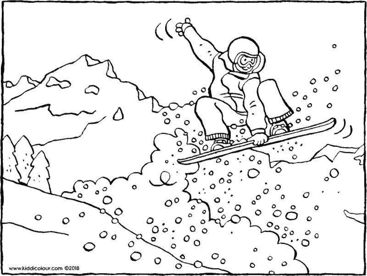 Coloring page energetic snowboarder