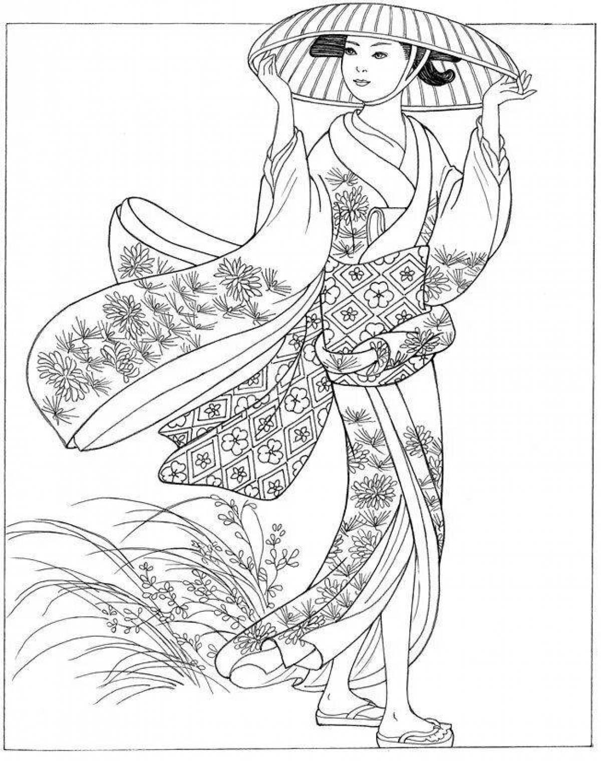 Coloring page of colorful kimono