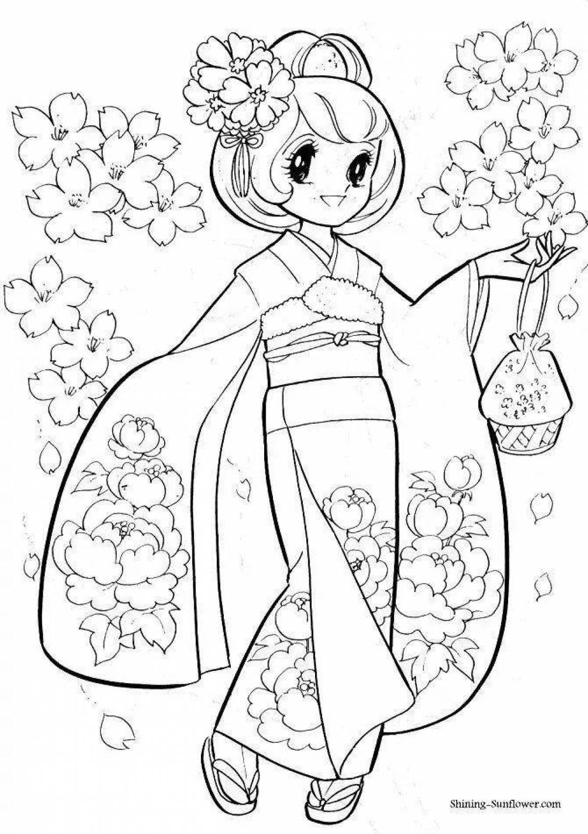 Dazzling kimono coloring page