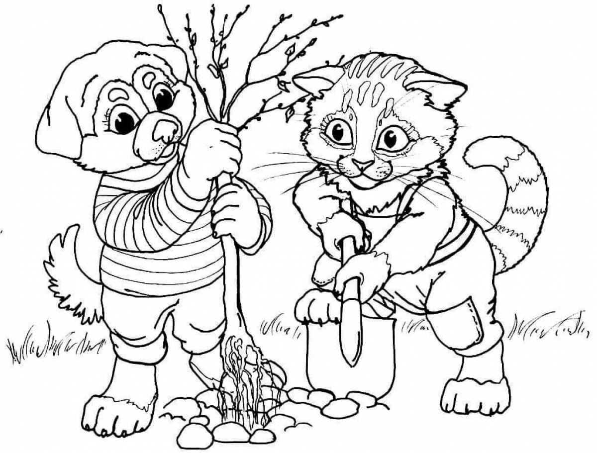Glittering cat and dog coloring page
