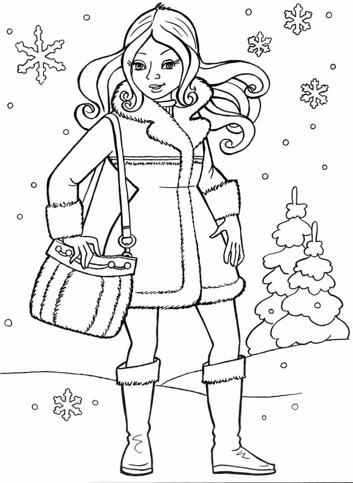 Delightful winter coloring book for girls