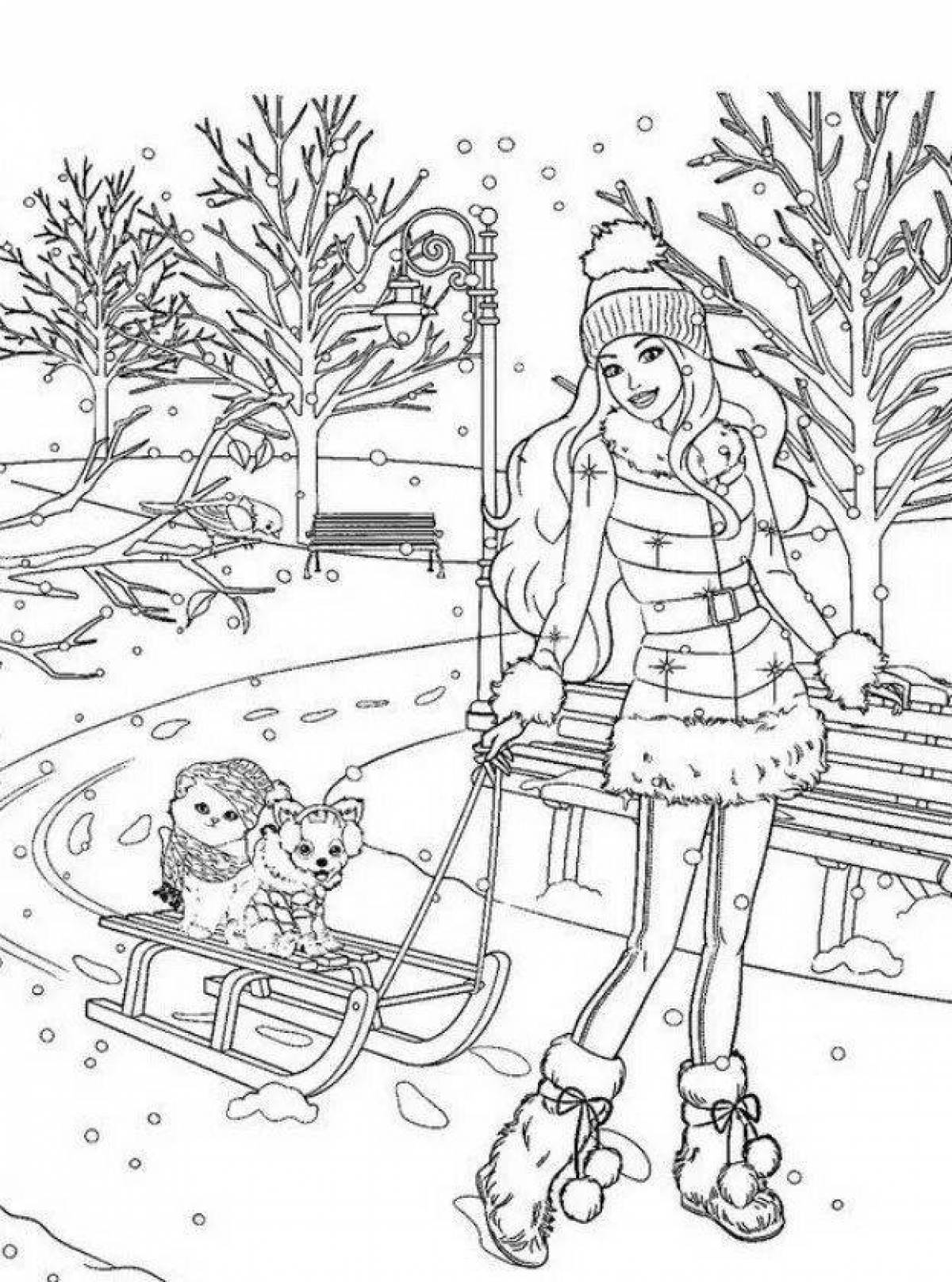 Serene winter coloring book for girls