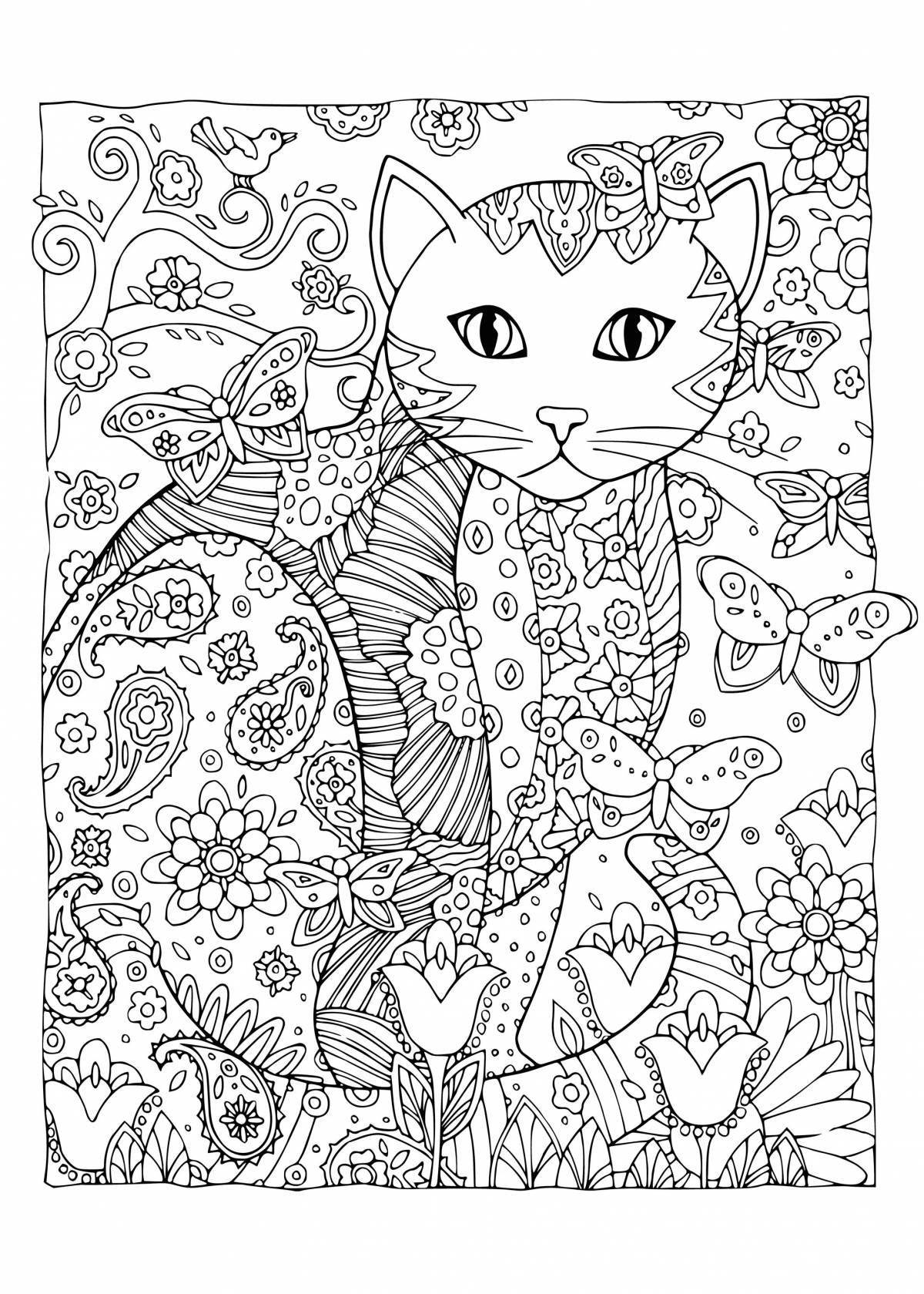 Radiant coloring page complex cats