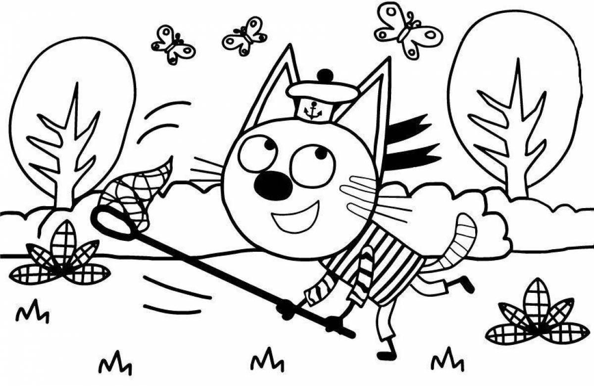 Snuggly cute three cats coloring page
