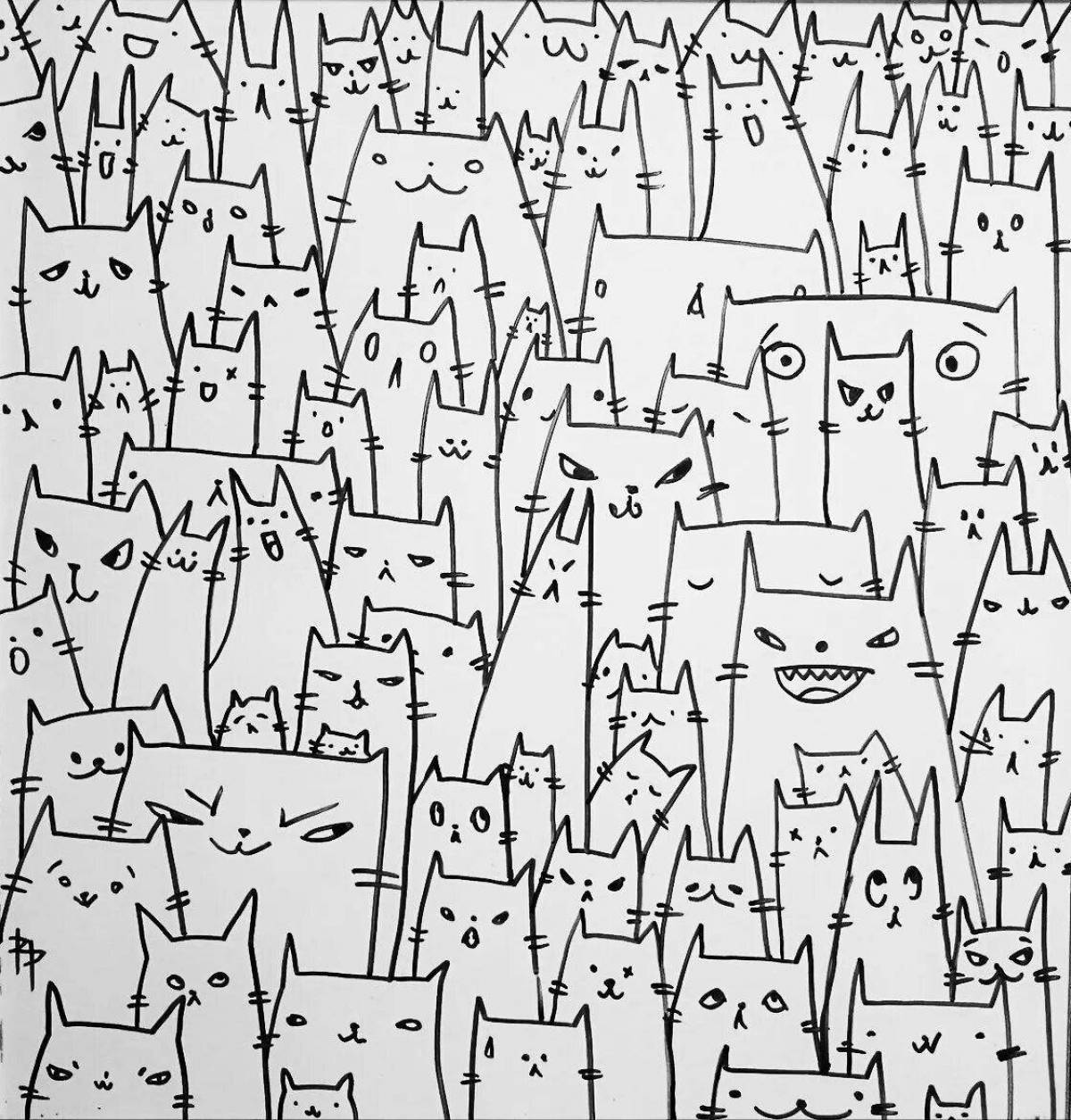 Colorful coloring book with lots of cats