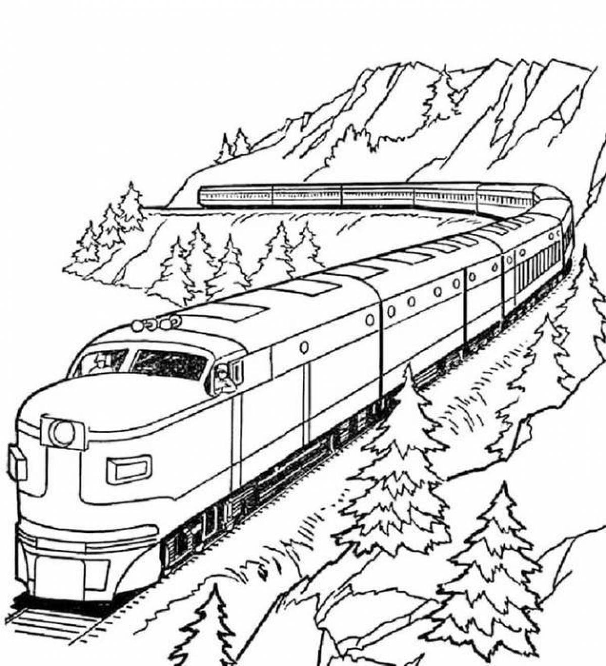 Coloring page happy train with swallows