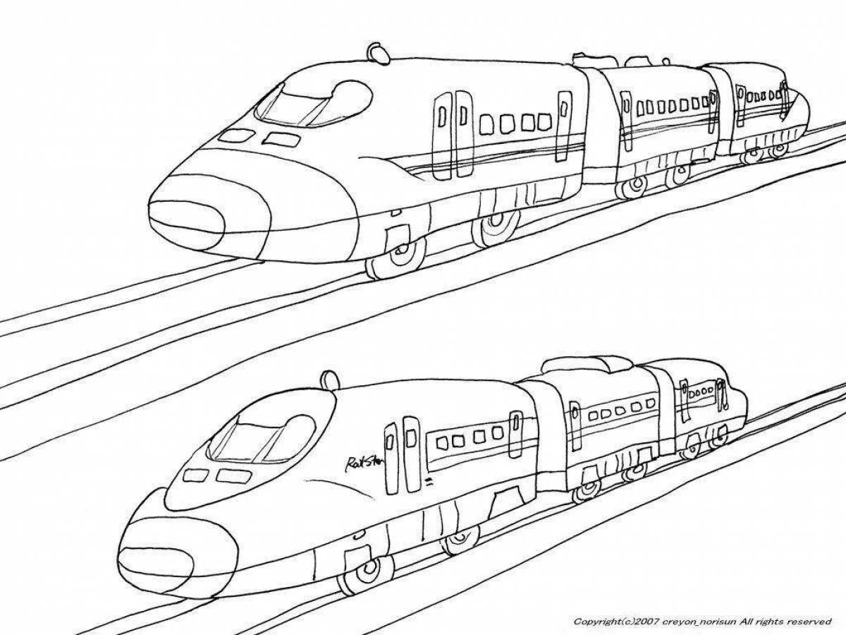Playful train coloring page with swallows