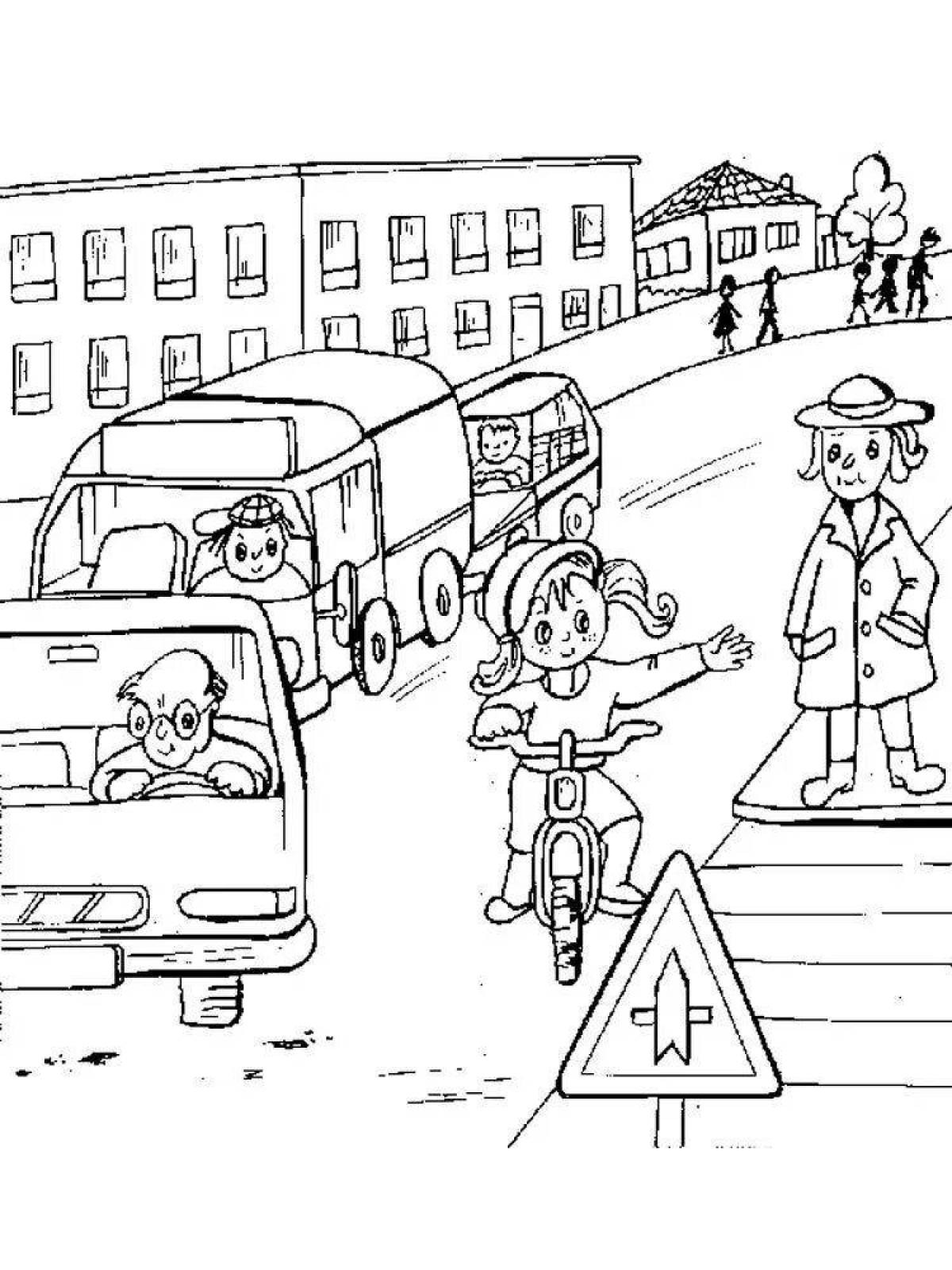Bright traffic rules coloring book for children 6-7 years old